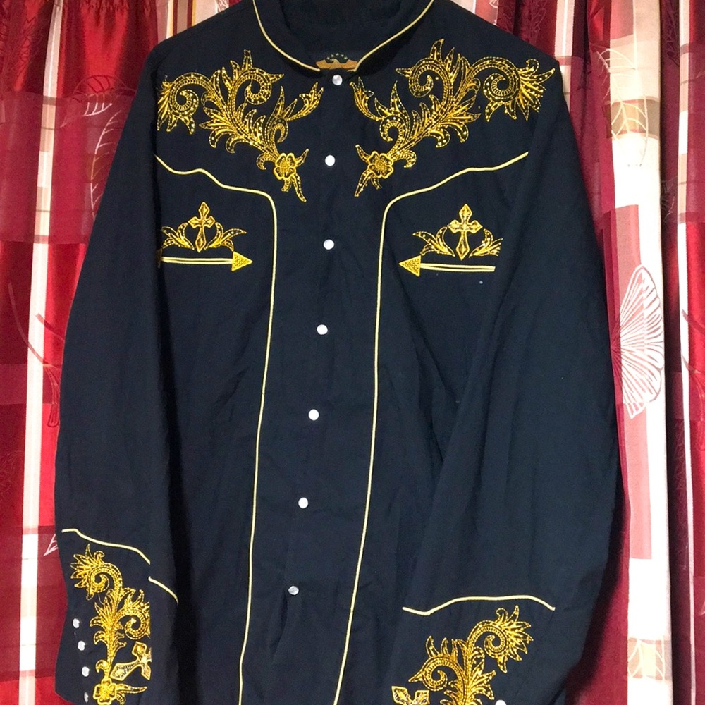 El general black with gold embroidery shirt